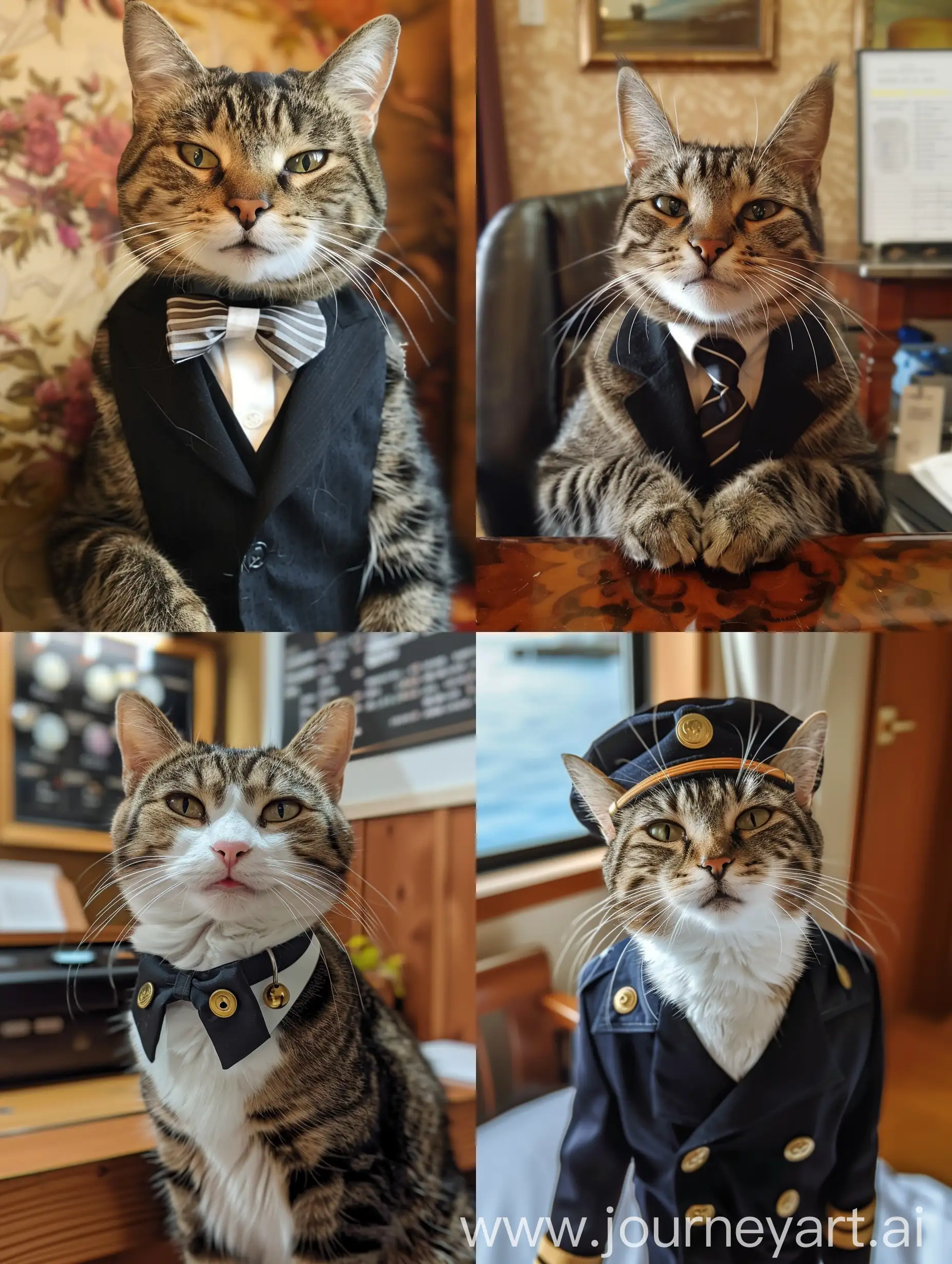A cat in a role of hotel administrator, smiling