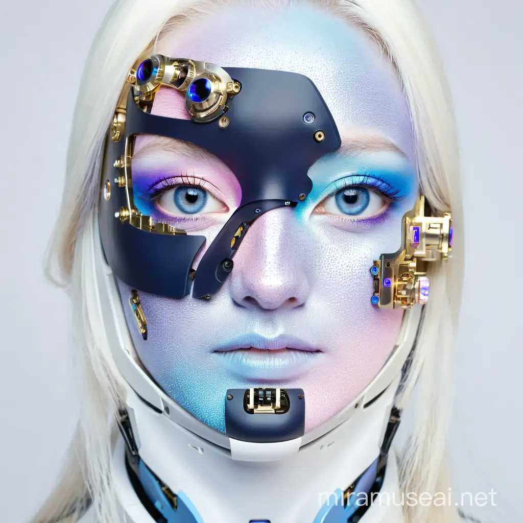 Blue eyes, korean eyes, blue purple shadows on the side on her face, white blonde long hair, blue pink and gold parts, robotic cyborg, eye shadow, blue freckles, 