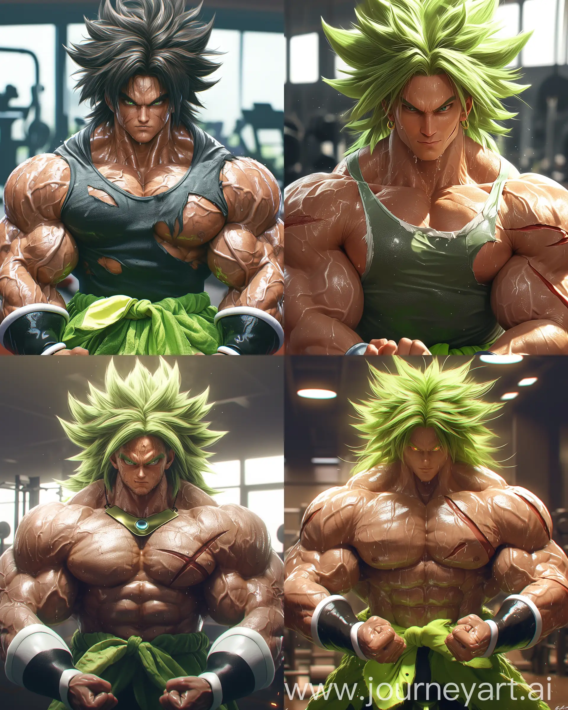 A long wide shot portrait of real Broly from Dragon Ball World with large pump muscles he is standing in the gym with different powerful U pose, large neck and wide shoulder muscles and thick veins, looks so strong and aggressive, torn clothes, sweating with shiny skin, wet clothes, sweating, high luxury gym, depth-of-field, he still Broly from dragon ball world,Broly glowing hair, Broly outfit, handsome Broly, 32k UHD HDR super crispy detail hyperrealistic, hyperrealism,soggy, eerily realistic, --ar 4:5 --niji 6