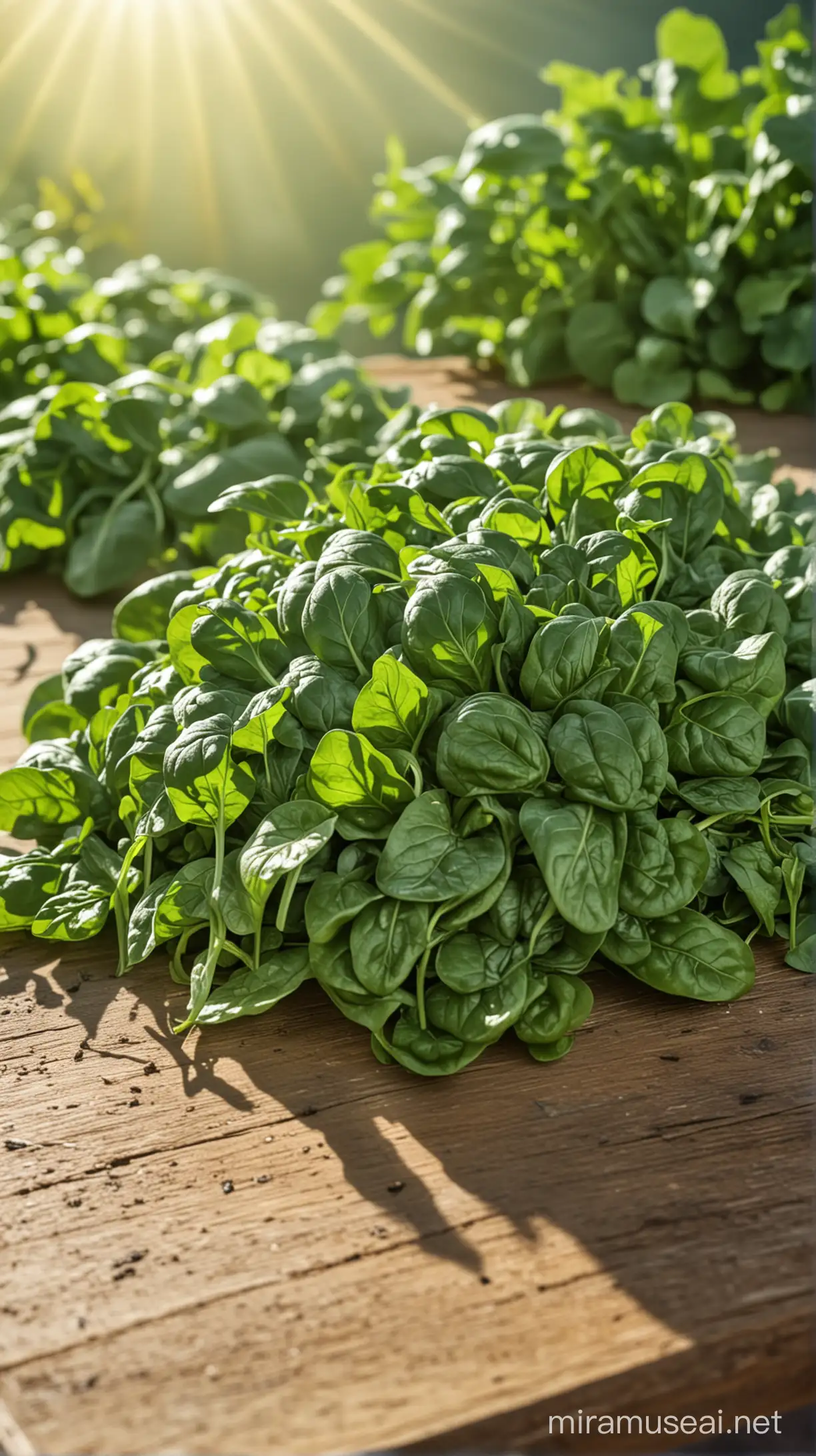 Fresh Spinach Leaves on Wooden Table with Natural Sunlight