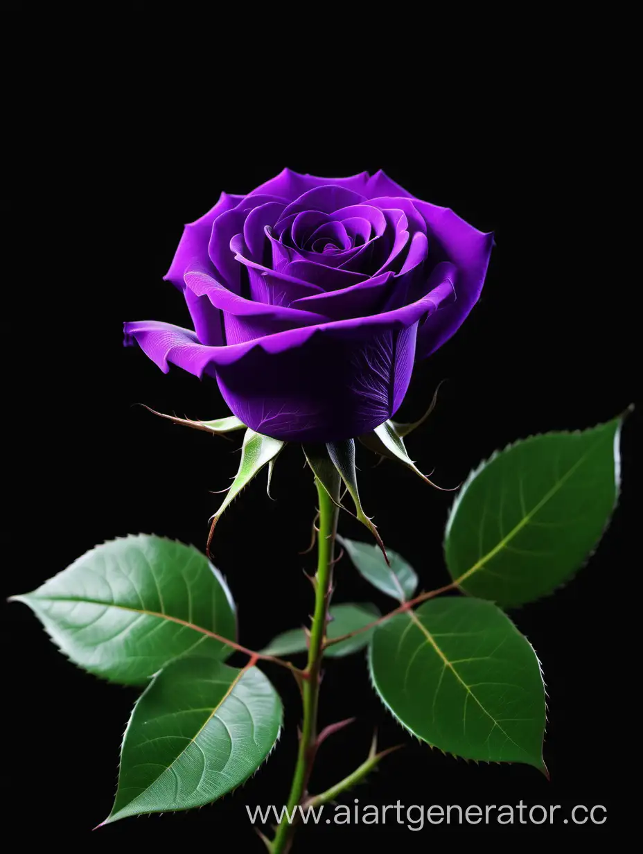 Vibrant-8K-HD-Purple-Rose-with-Lush-Green-Leaves-on-Black-Background