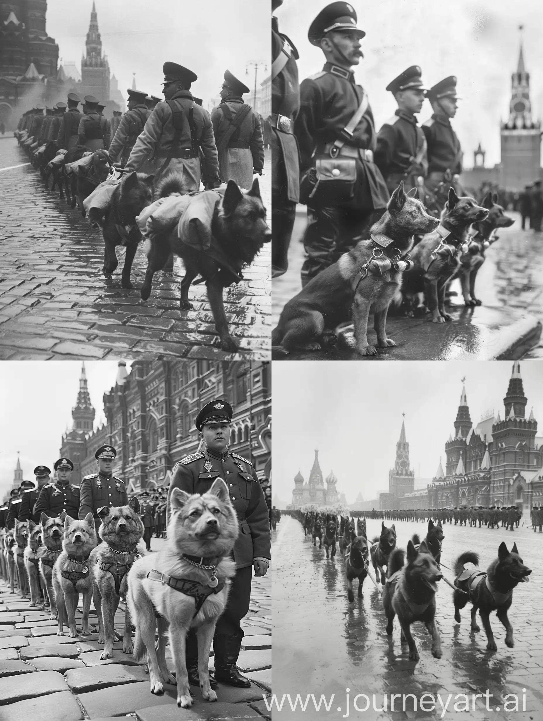 черно белое в виде фото. Июнь Парад победы полк с собаками - санитарками породы овчарка на Красной площади.