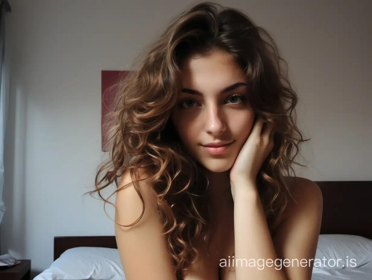 a photo of Michela, an Italian prosperous girl, just came back home from college with brown wavy hair, taking a self hot picture after waking up in the early morning in the bedroom