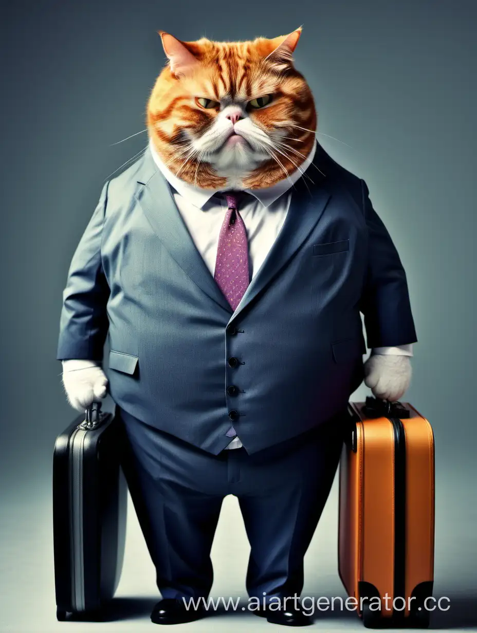 fat cat ginger is sad as an accountant in a suit leaves work with a suitcase