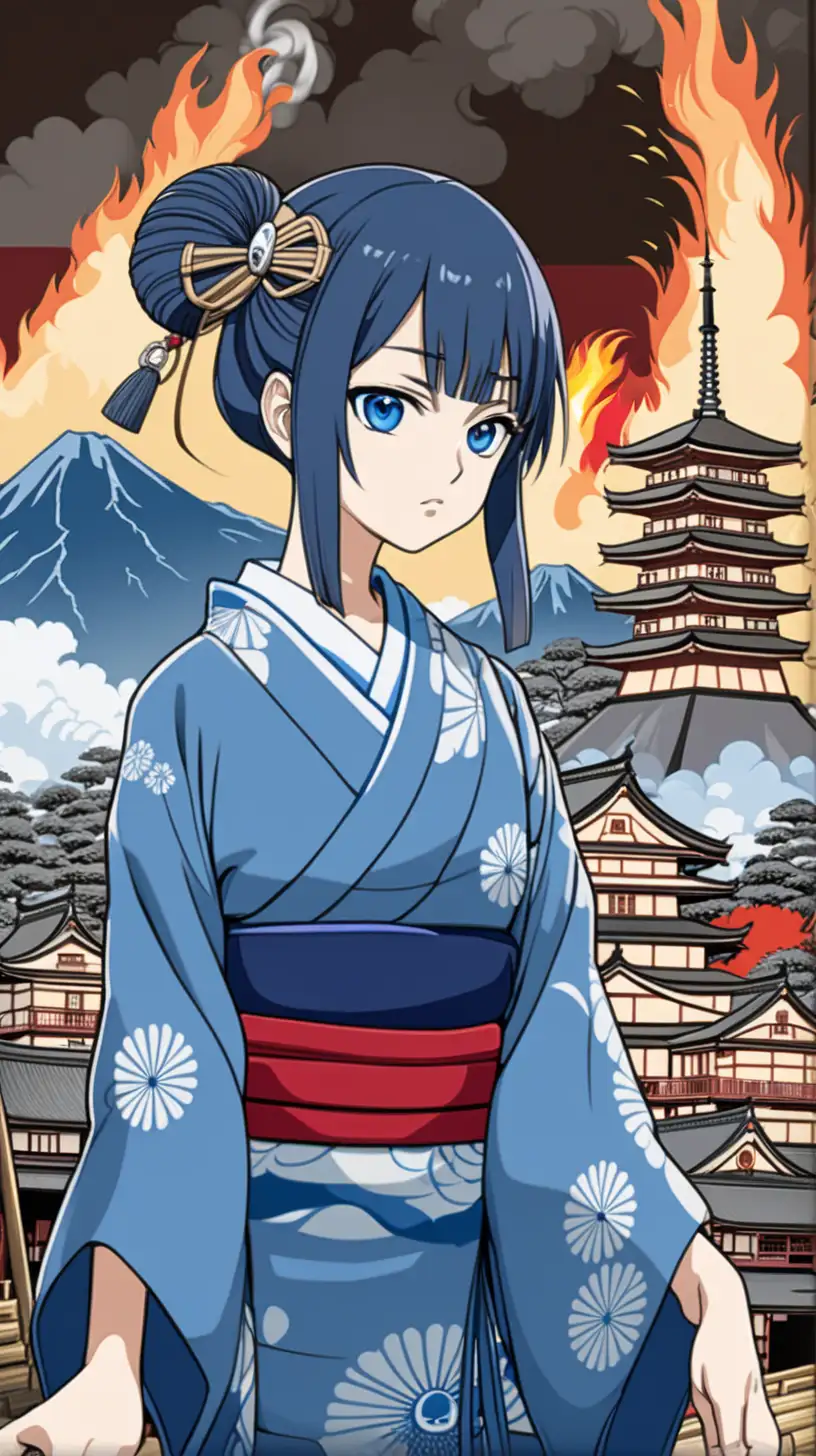 Mizu the Blue Eye Samauri, during Edo period, with a burning Japanese capitol behind her, anime style