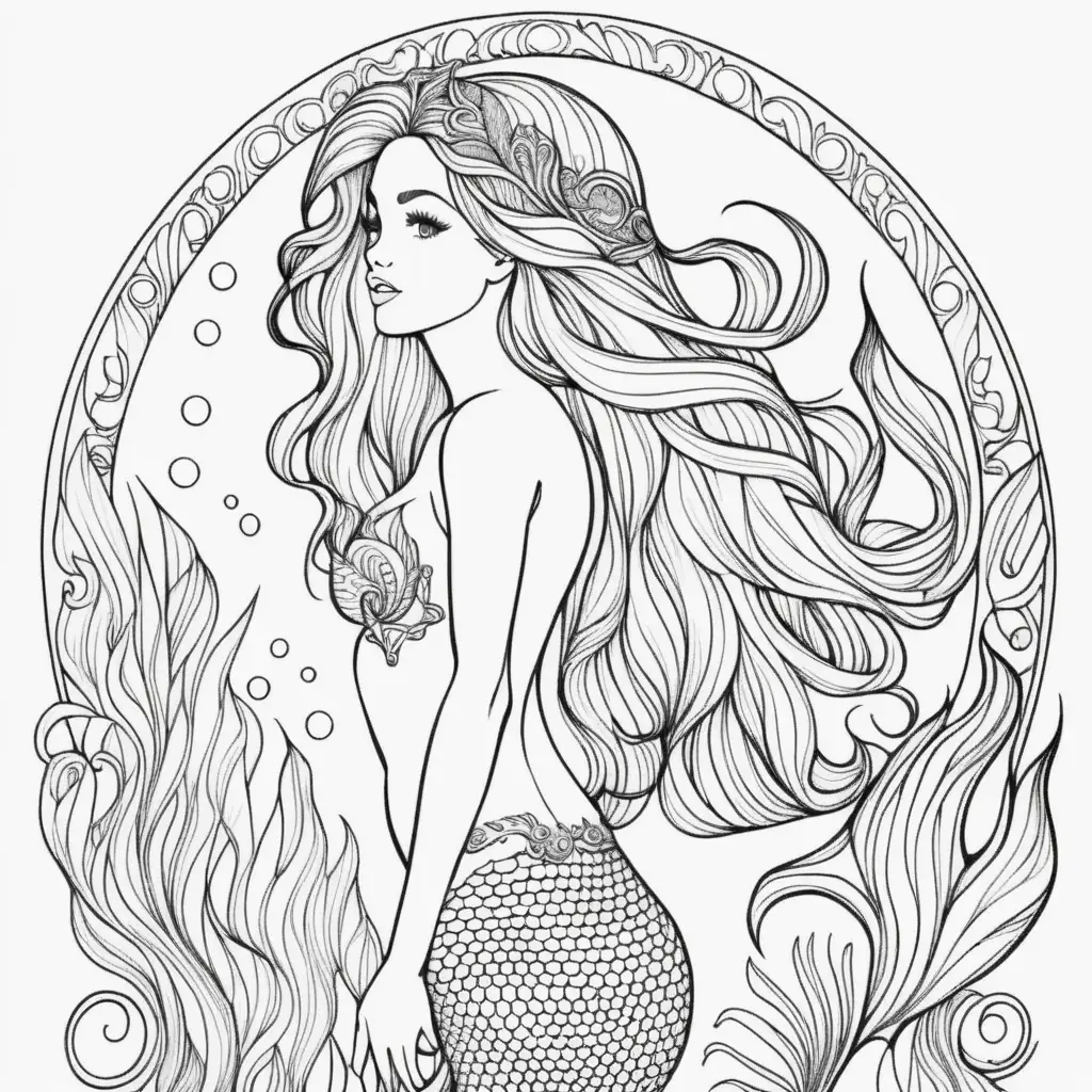 Mermaid Adult Coloring Page on White Background