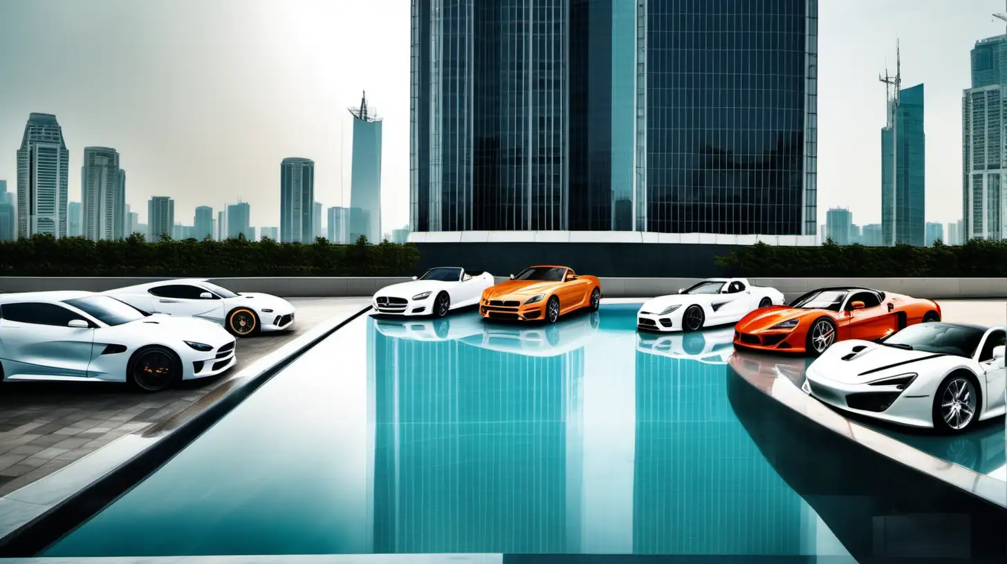 luxury sport cars exhibition on water pool in front of a single high rise white business tower