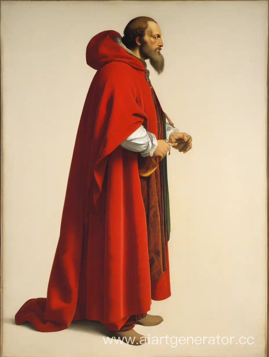 a portrait in the Renaissance style, a man standing in profile, of Nordic appearance, dressed in a red long cloak