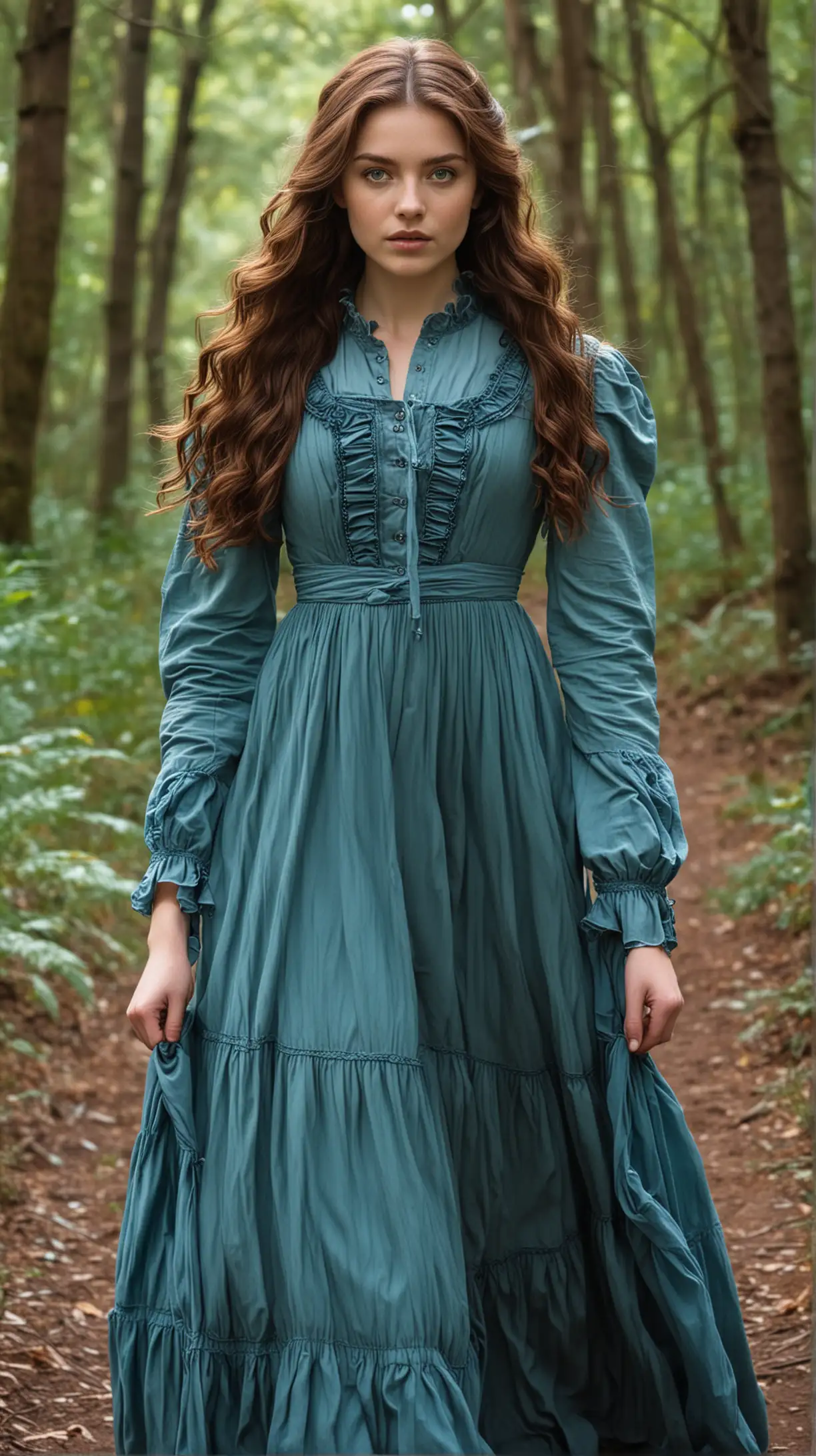 18-year-old girl Julie Roberts with long, wavy, dark-auburn hair, and intense green eyes. She is wearing a blue victorian dress while walking in a forest.