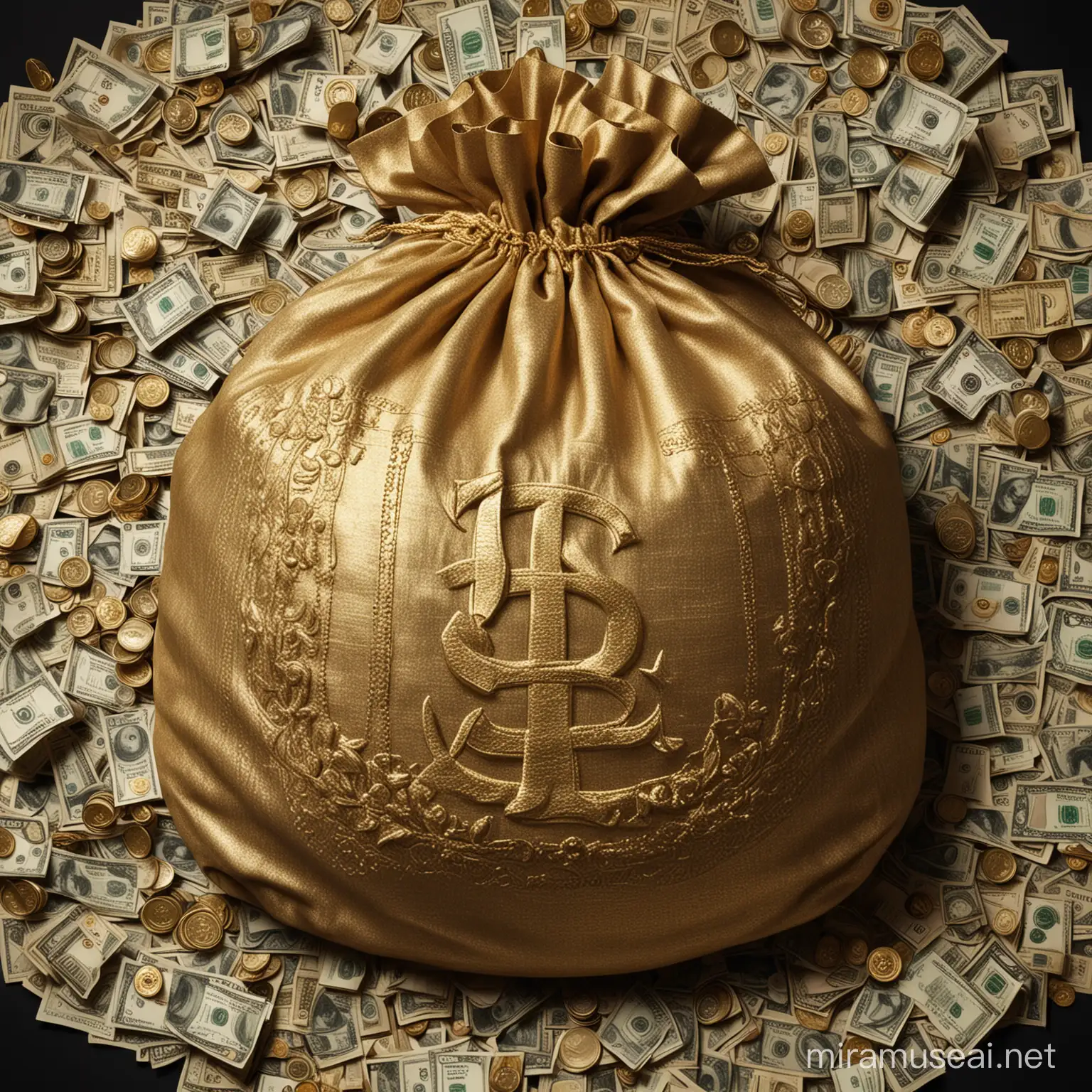 Opulent Sack Overflowing with Wealth Golden Hue and Crisp Dollar Bills