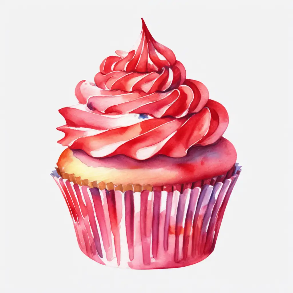 Watercolor styled, single cupcake, red colored, with no background