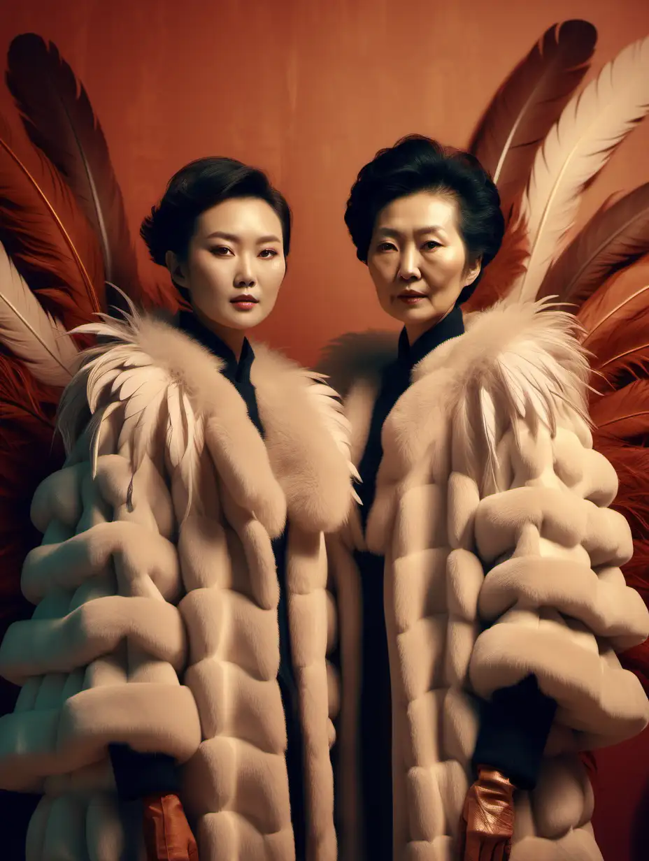 two senior chinese women models, standing, close-up portrait, wearing classy giant feather coats, oranic surreal 3d background, warm-toned dark wes anderson color palette, cinematic, soft light, photorealistic