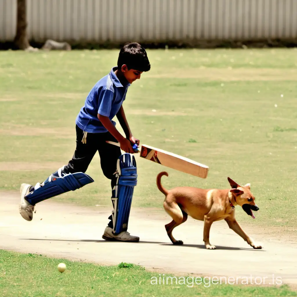 a boy playing cricket with a dog. Here dog is being used like the ball.