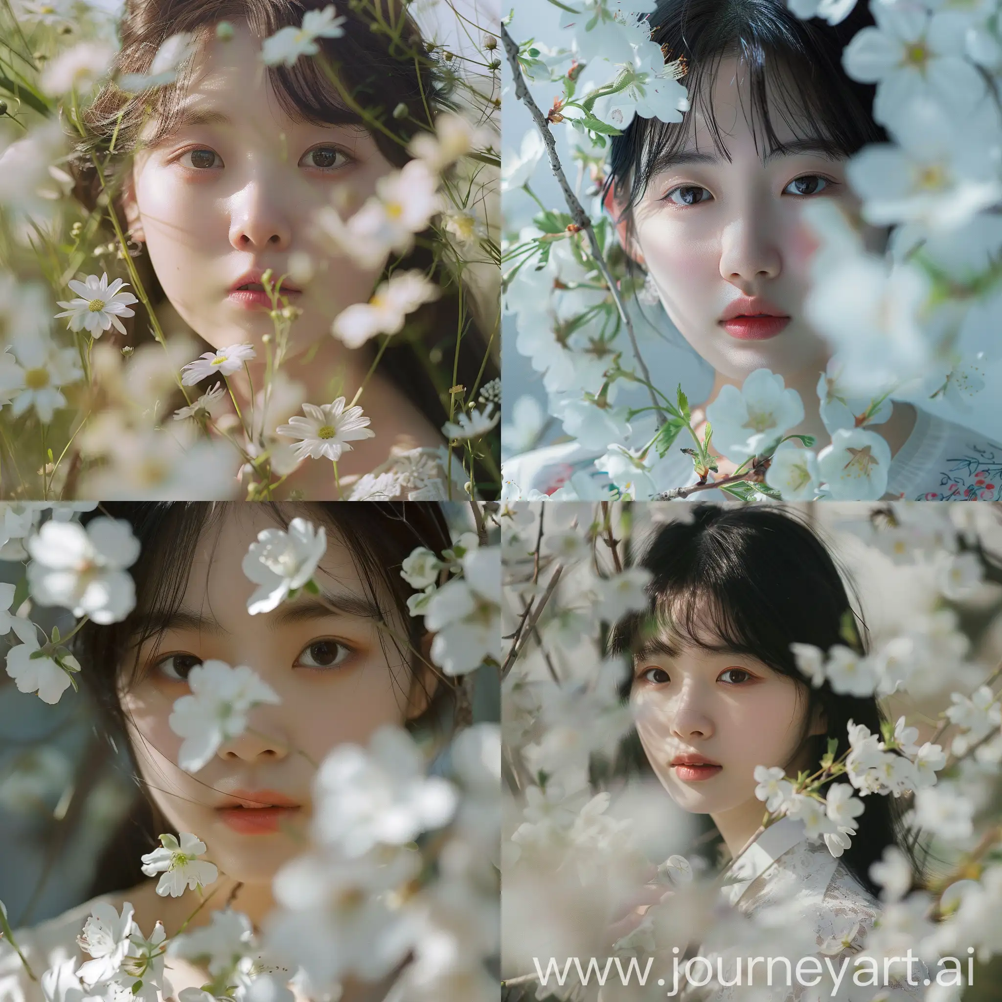 A Korean girl standing among white flower , potrait , closeup look.