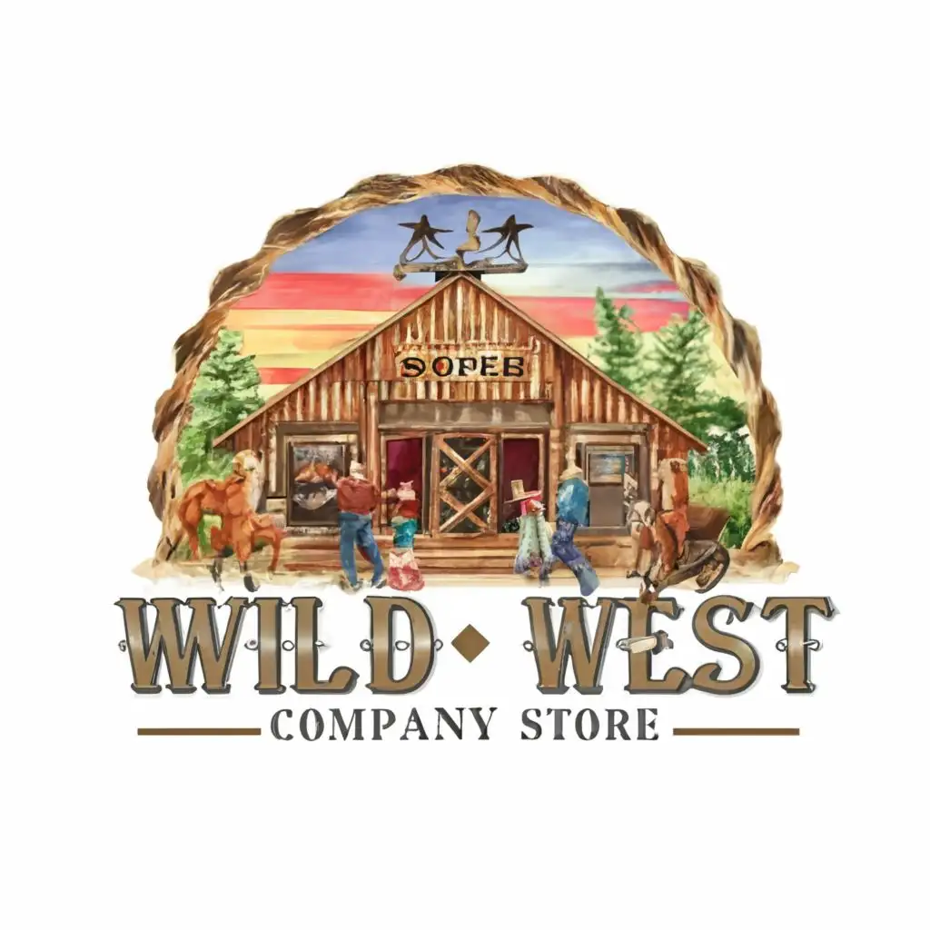 logo, old wild west vintage company store logo with an old fashioned wooden store and a group of cowboys  going to the store for shopping and carrying bags, Watercolor,sharp focus, studio photo, intricate details, highly detailed,Contour, Vector, White Background, highly Detailed, sharp outlined image, no jagged edges, vibrant colors, typography, with the text ".", typography