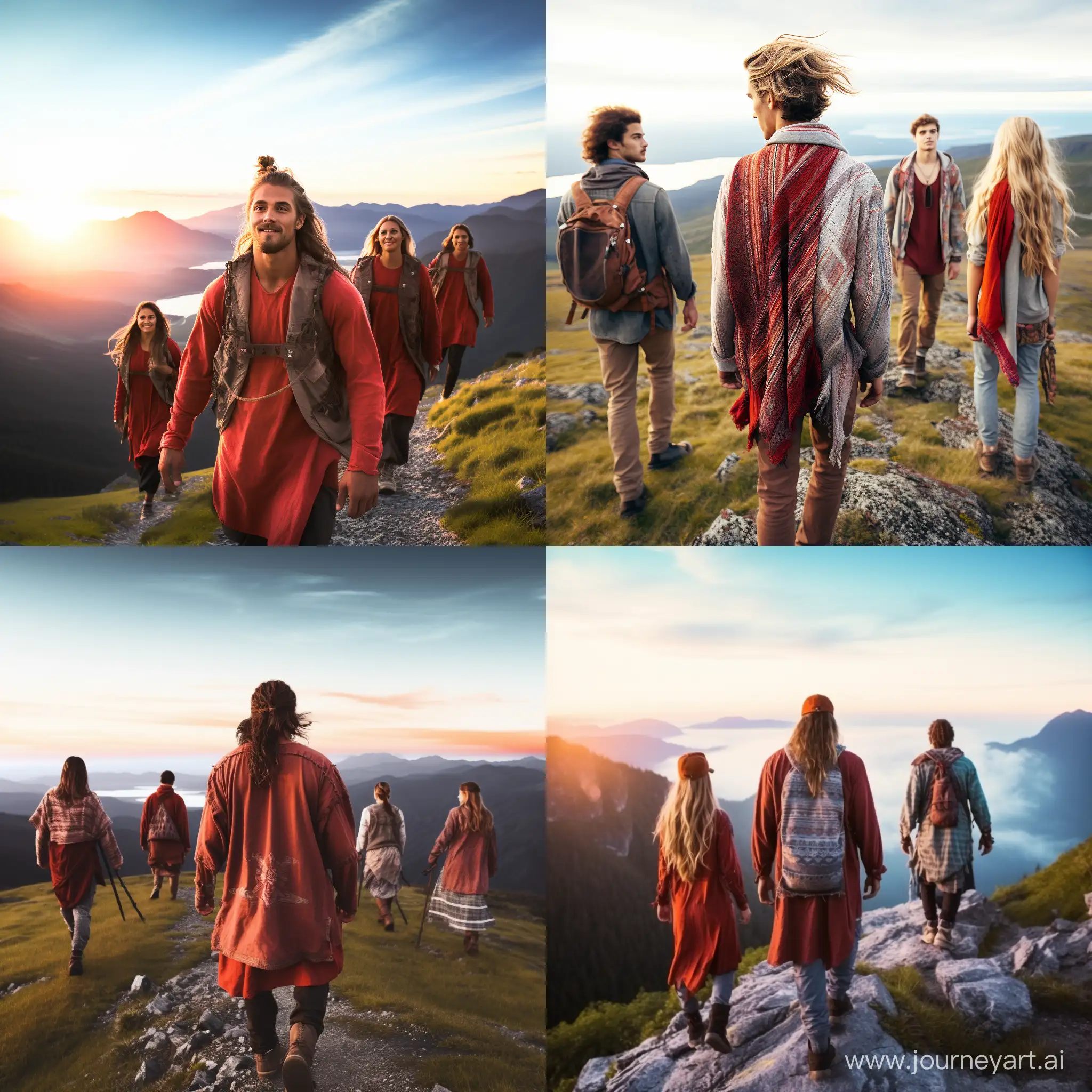 elevated view of 4 confident alpha teens dressed in rugged outdoor mountain men and women (2 men + 2 women) with shamanic clothing walking towards something important but in a calm connection with God way.  red dawn vibes, back facing camera walking away confidently.. 
