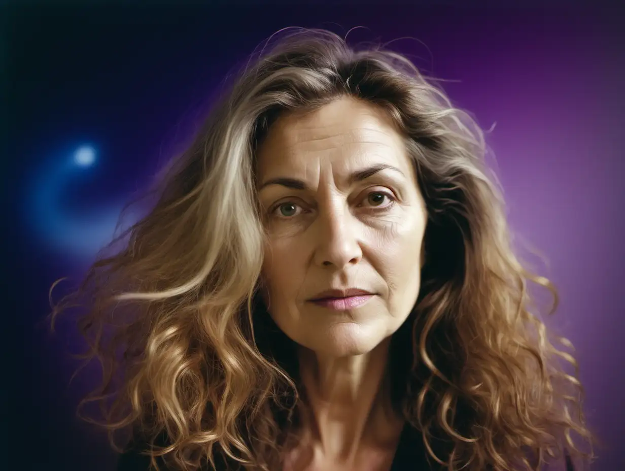 Captivating MiddleAged Woman with Long Hair in Cosmic Purple Portrait