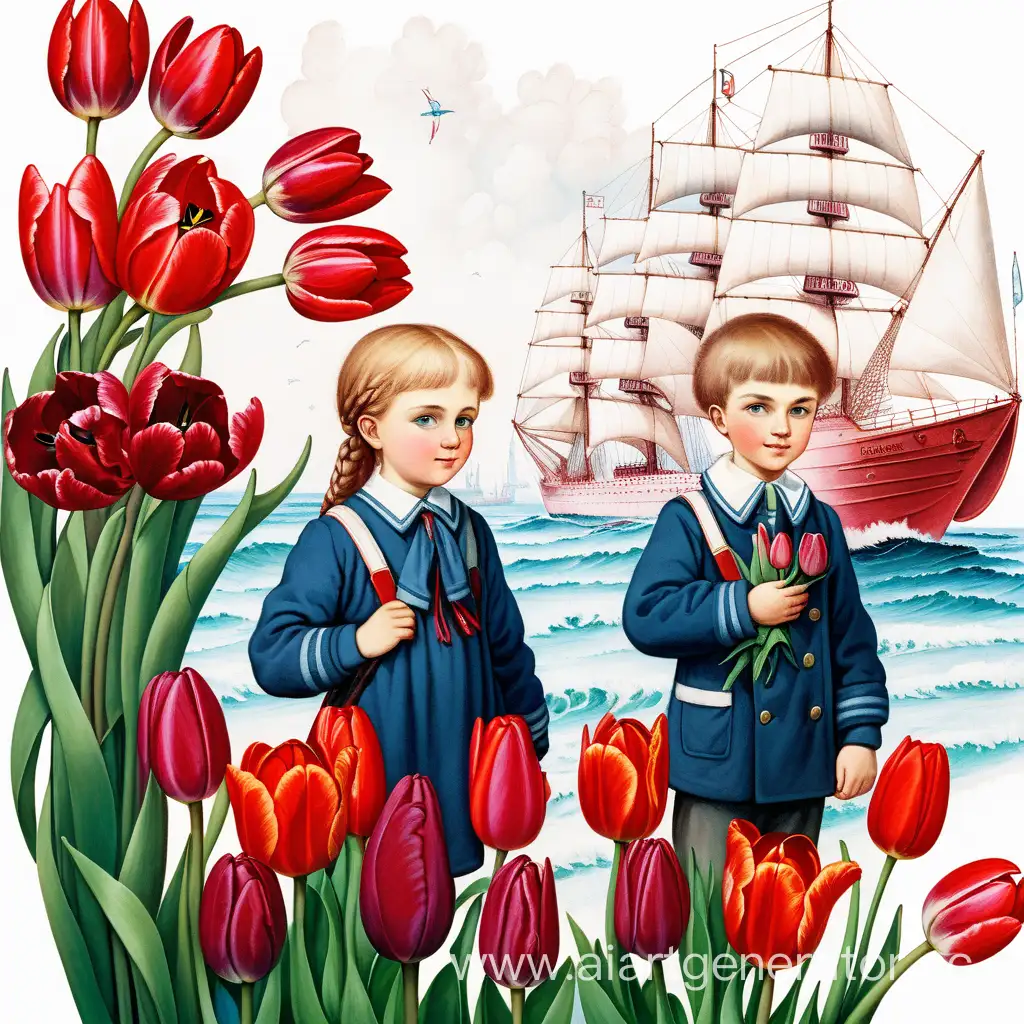 мальчик и девочка российские школьники с цветами в руках, на заднем плане корабль с алыми парусами и море, оформление тюльпаны, белый фон