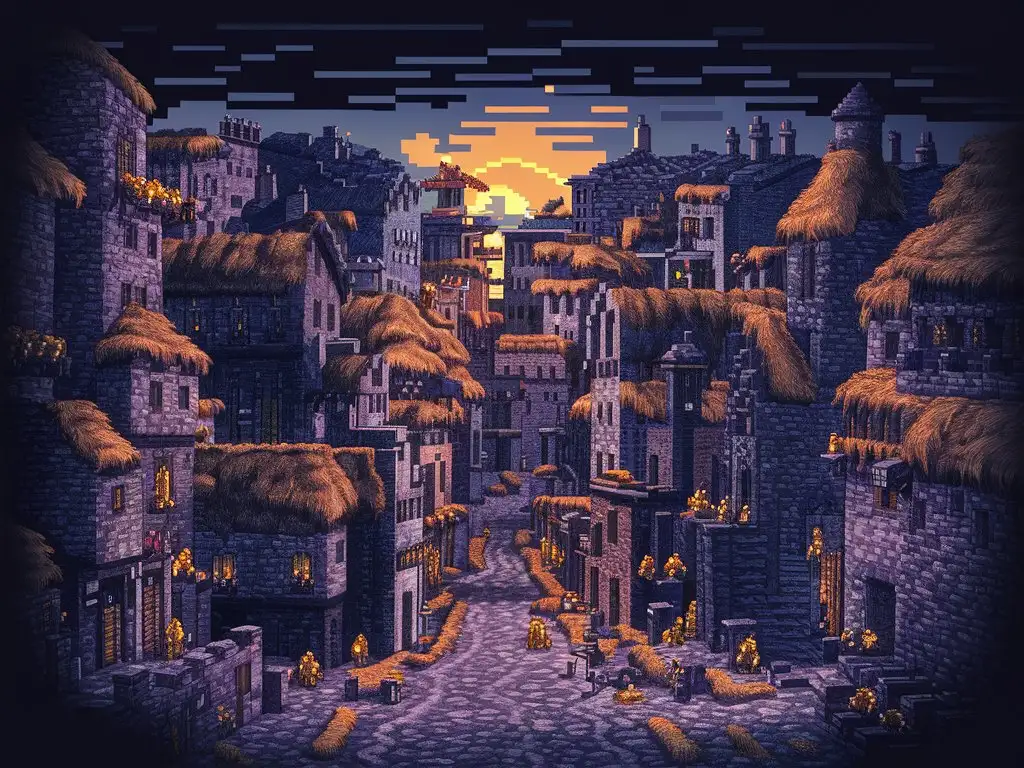 Medieval-Town-Pixel-Art-Evening-Aerial-View