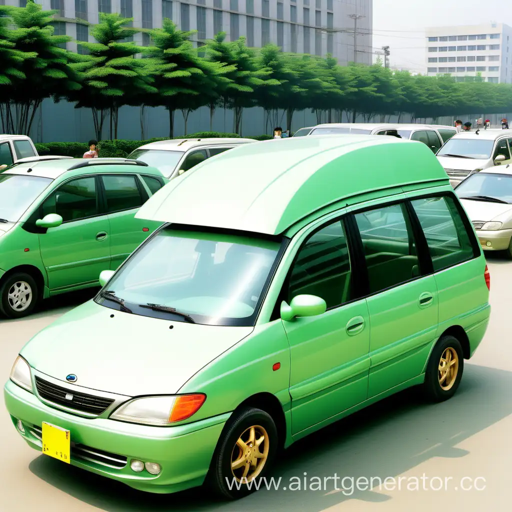 A daewoo style car from 2000s with a Green color and a egg shaped minivan body
