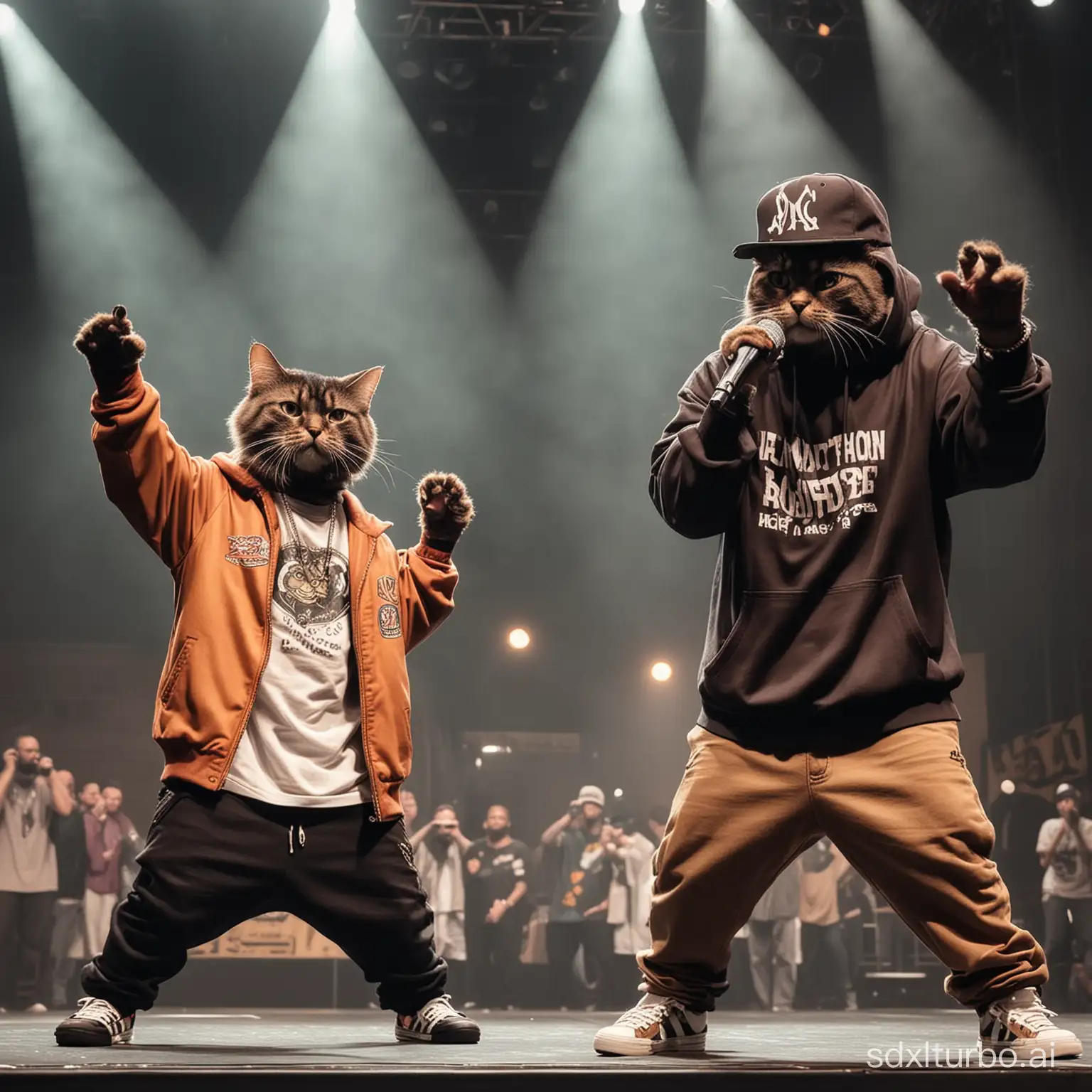 The anthropomorphized black cat rapper MC Gon and the anthropomorphized brown tabby cat rapper MC Chobi are having a rap battle on stage.