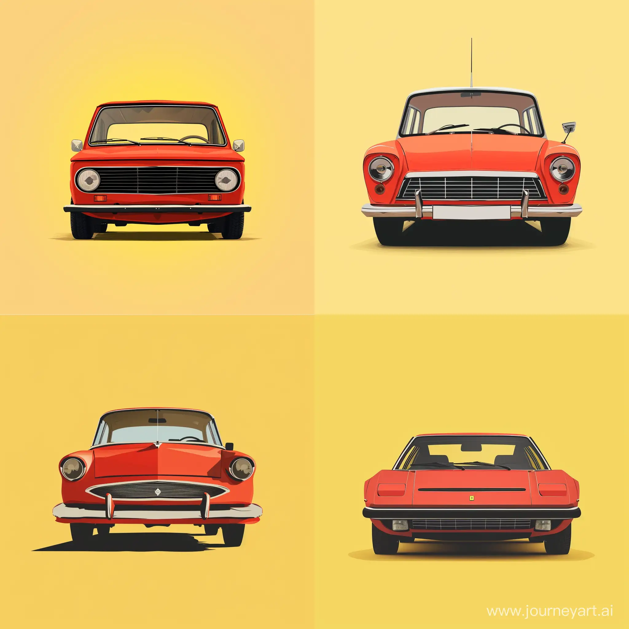 Minimalism 2D Illustration Car of Front View, Iran Khodro Paykan: Tomato color Body Color, Simple yellow Background, Adobe Illustrator Software, High Precision
