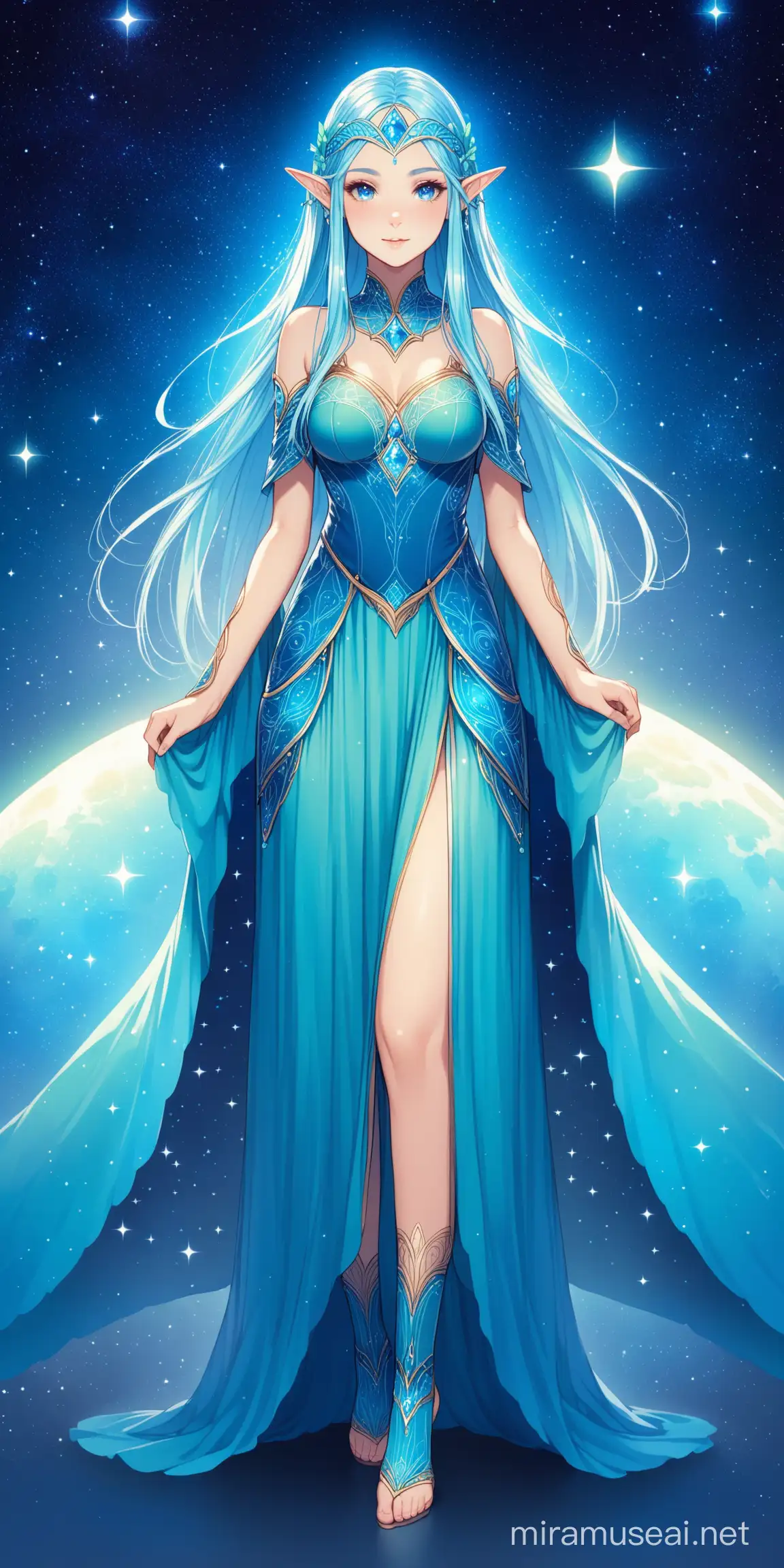 Elven girl, fancy dress, blue hues, front facing, looking into the camera, full body, Celestial theme
