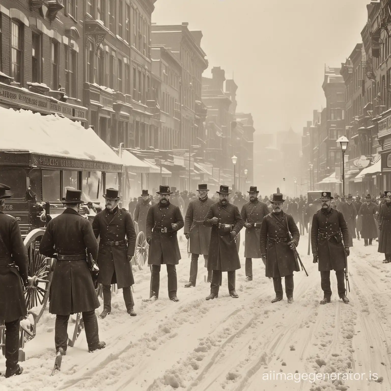great blizzard of 1888, people on street, police helping