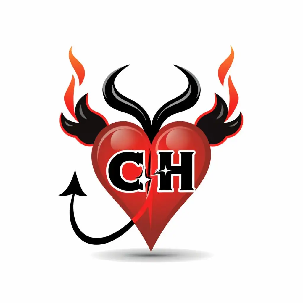 logo, Black and red 3D heart with devil horns and devil and long flames under, no background, with the text "CH", typography, be used in Medical Dental industry
