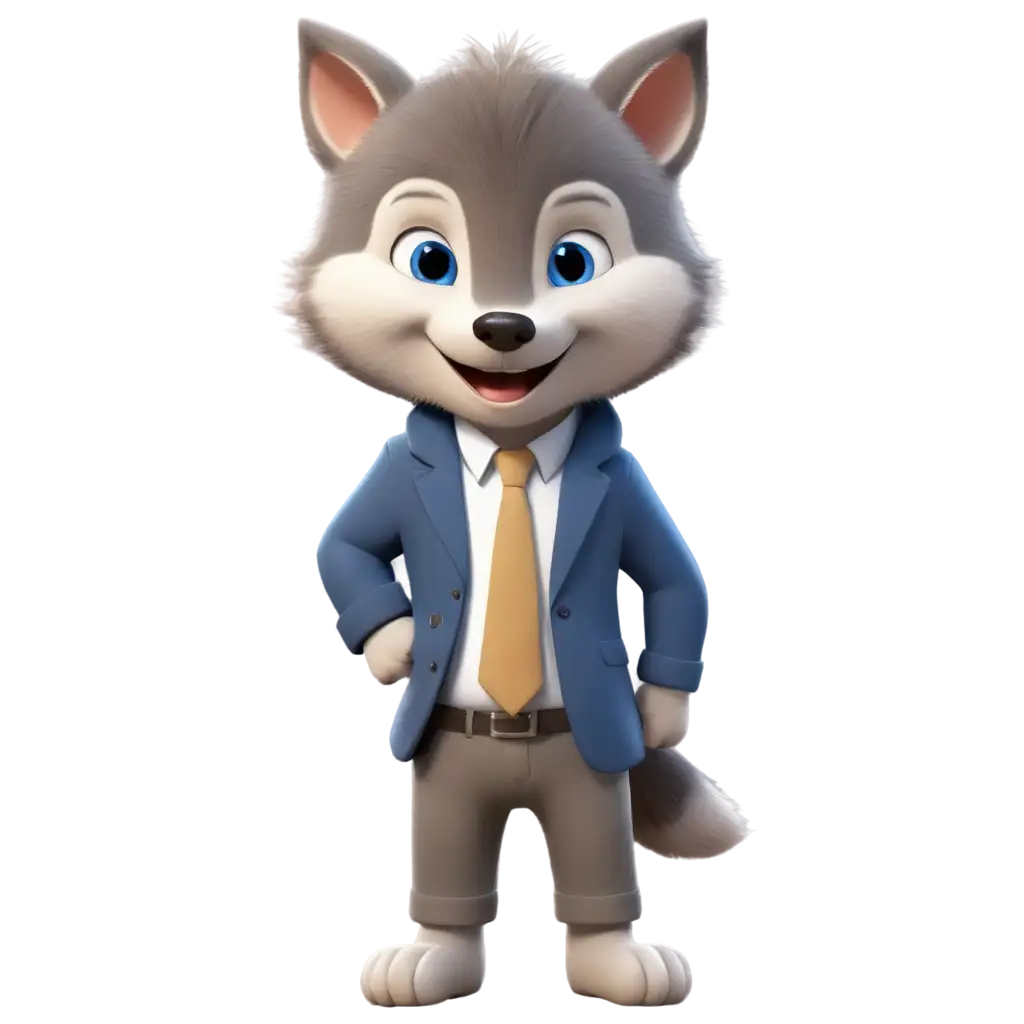 An illustration of a cute wolf baby, with blue eyes, puts his hands in his pockets with an elegant smile.
