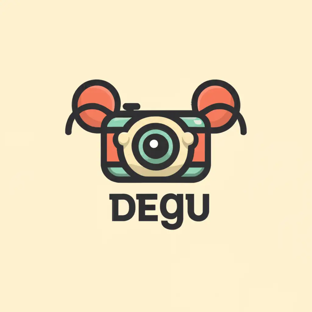 a logo design,with the text "Degu", main symbol:camera, a rat,Minimalistic,clear background