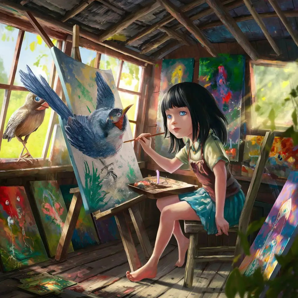 Girl with Black Hair and Blue Eyes Painting a Live Bird in a Rustic Shack
