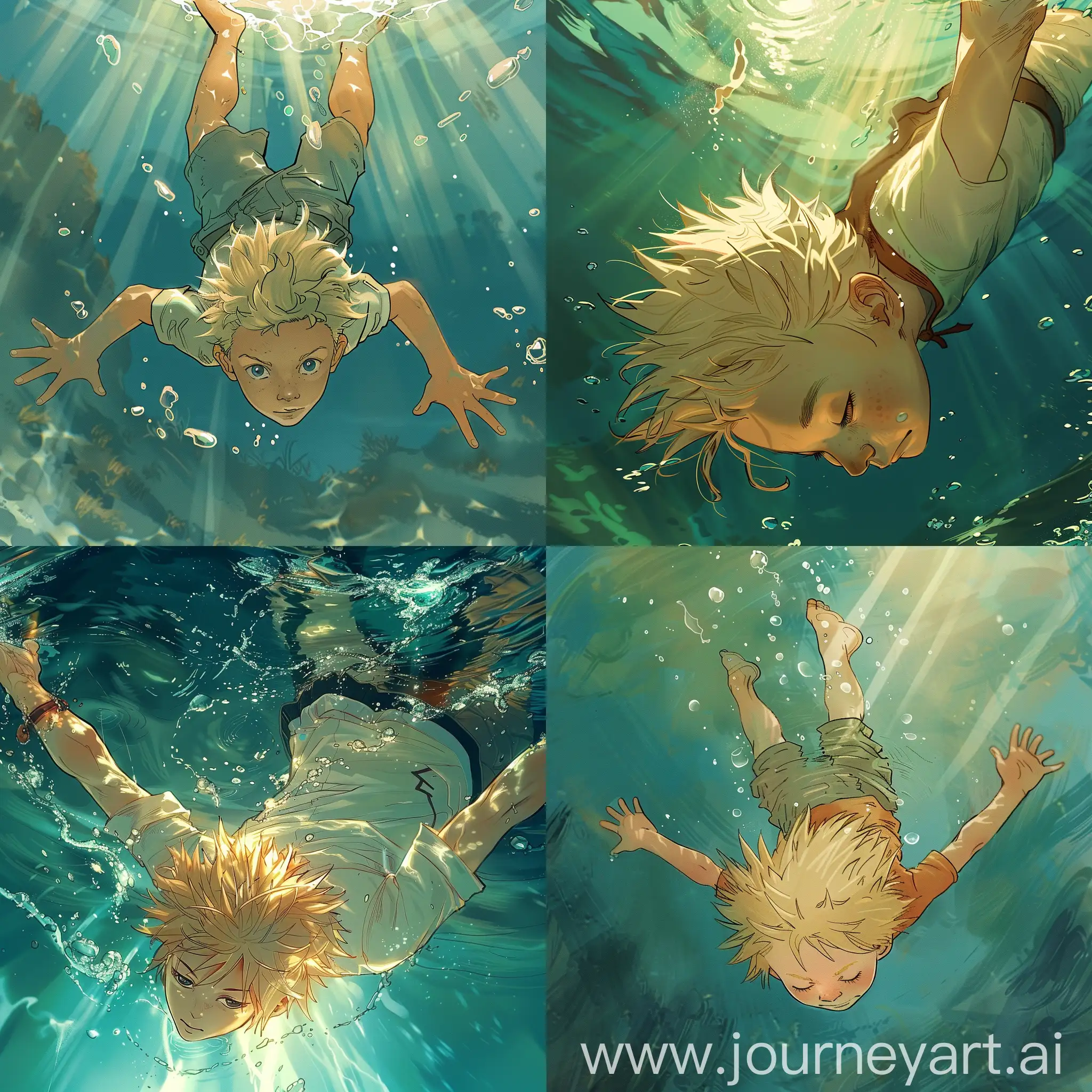Ethereal-Illustration-of-a-SpikyHaired-Boy-Swimming-Underwater