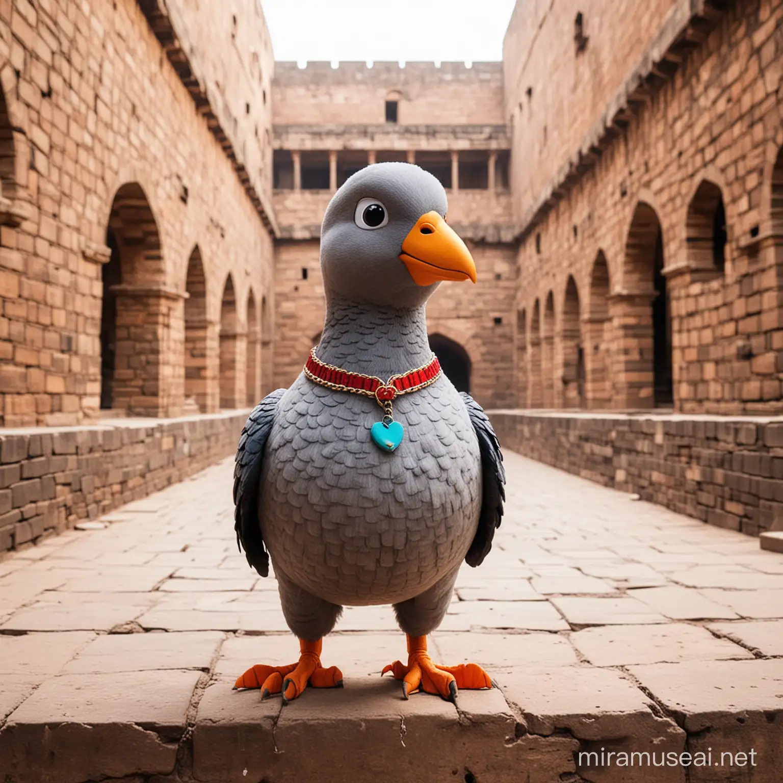 Craft a mascot inspired by a pigeon in a background of agrasen ki baoli
