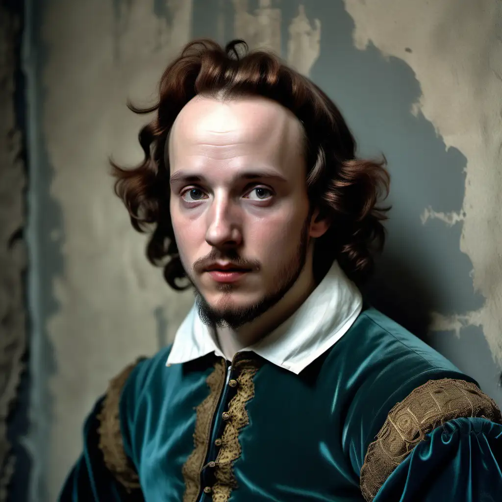 a realistic color photo of 20-year-old william shakespeare with a full head of hair, his body staring to camera with a melancholy, confused and forlorn gaze on his face, set before a wall