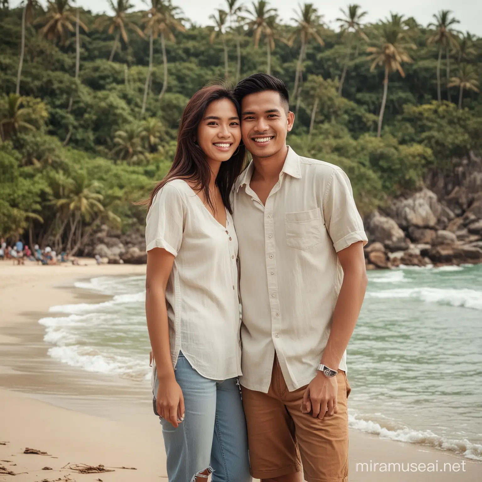 Foto sepasang suami istri asal indonesia.
Berumur 25 tahun
Dengan style kasual modern,sedang berlibur di daerah pesisir pantai yang sangat indah,
Latar pantai
Efek full body,dengan wajah tersenyum