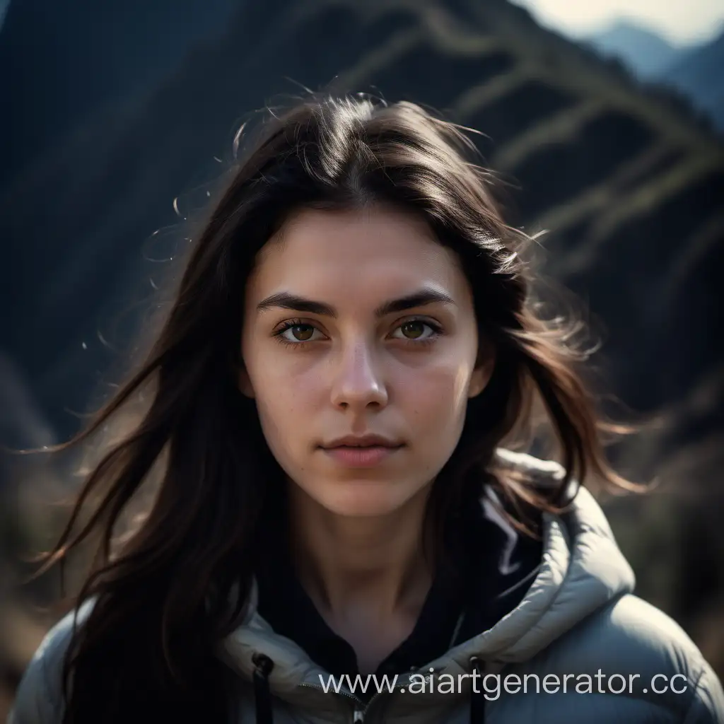 Уoung woman, photorealism, dark hair, centered in the frame, symmetrical face, 50 mm lens, facing camera, dark background, natural light, out of focus mountains in the background, ultra?details, 16K