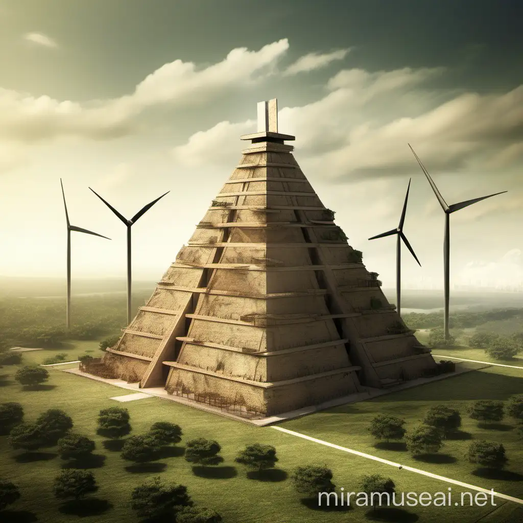 Pyramide précolombienne avec des éoliennes dessus ou dans le paysage. 