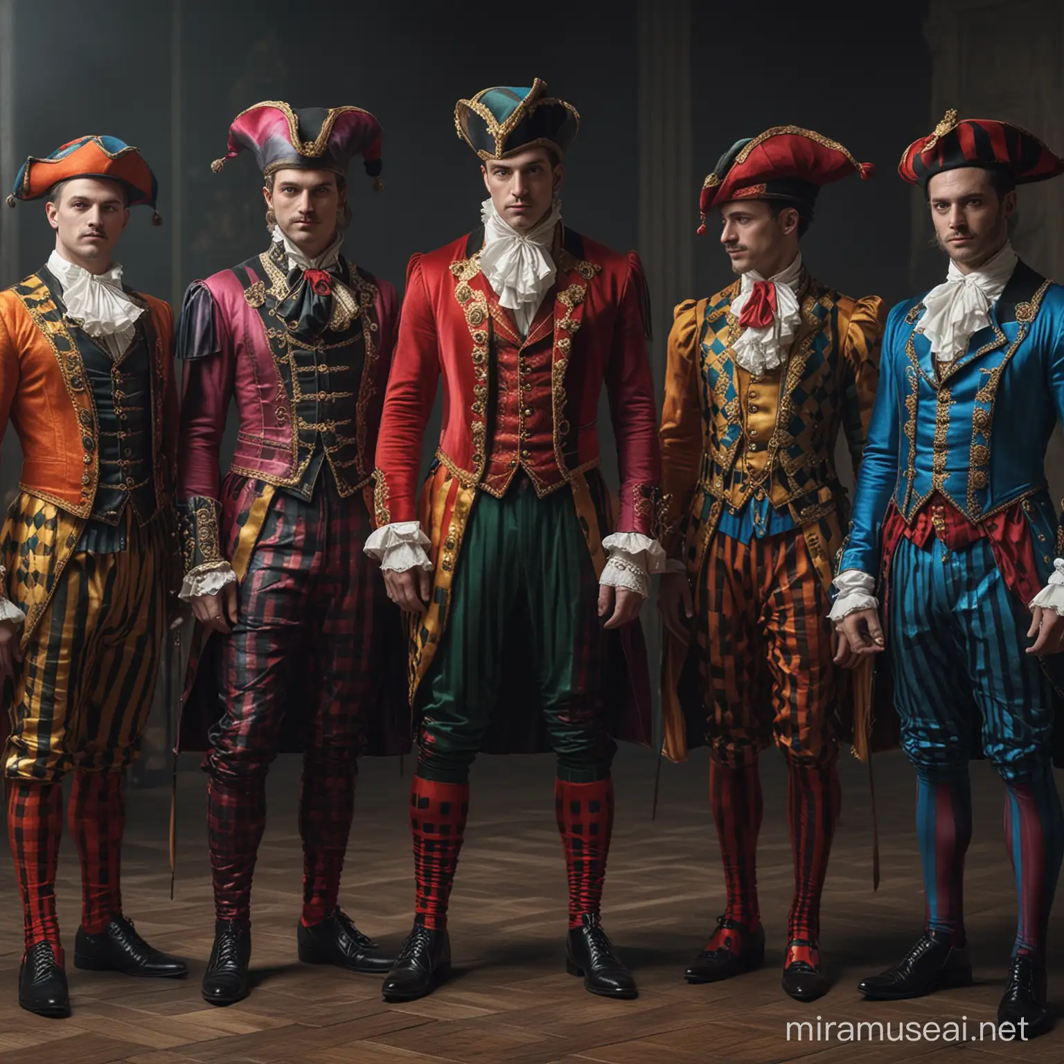 five Brutal men dressed in aristocratic costumes!!!!!and women dressed in bright Harlequin costumes!!!!!realistic photography, professional photography, high detail, 4K, octane rendering, V-ray, full HD, front light, medium sharpness.