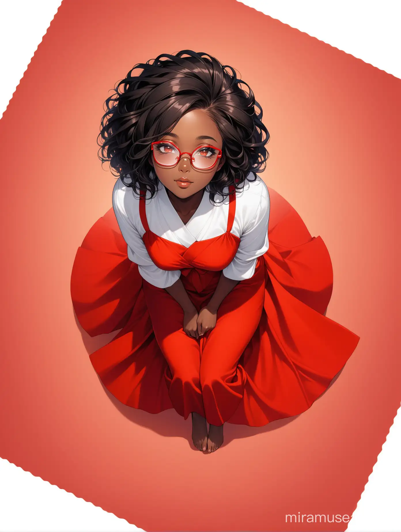 a japnaese style full body 21-year-old black woman emerges, above angle, she is looking up and you can see her entire body from here head to her feet, her features defined with tender elegance. She has long black twist in her hair, She is wearing red square glasses, white background.