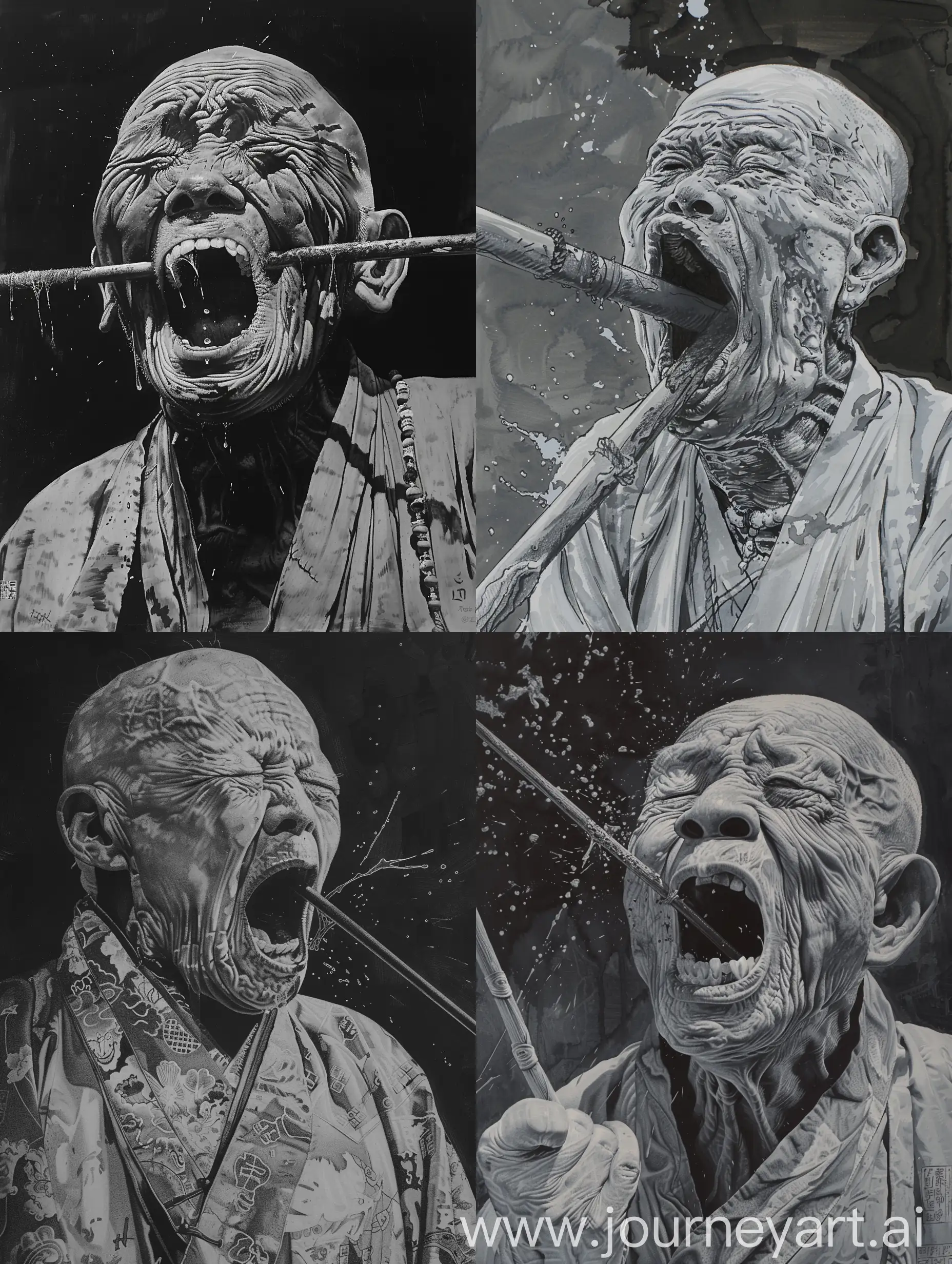 Close focus, painting full of impact, gray tone, an old Chinese man wearing Taoist robes, stuffing an iron rod into his mouth, swallowing swords, acrobatics, opening his mouth, exposing his teeth, ferocious, scary, wrinkled, serious, Taoist religious style, solemn, splash ink style, complex lines, ink horror comic style, ink painting, indoor scene at night, in the style of dc Comics, Ross Tran's style, high quality photos, rough horror comics, in the style of graphic novels, in the style of science fiction animations, in the style of jarek kubicki, with fine shading