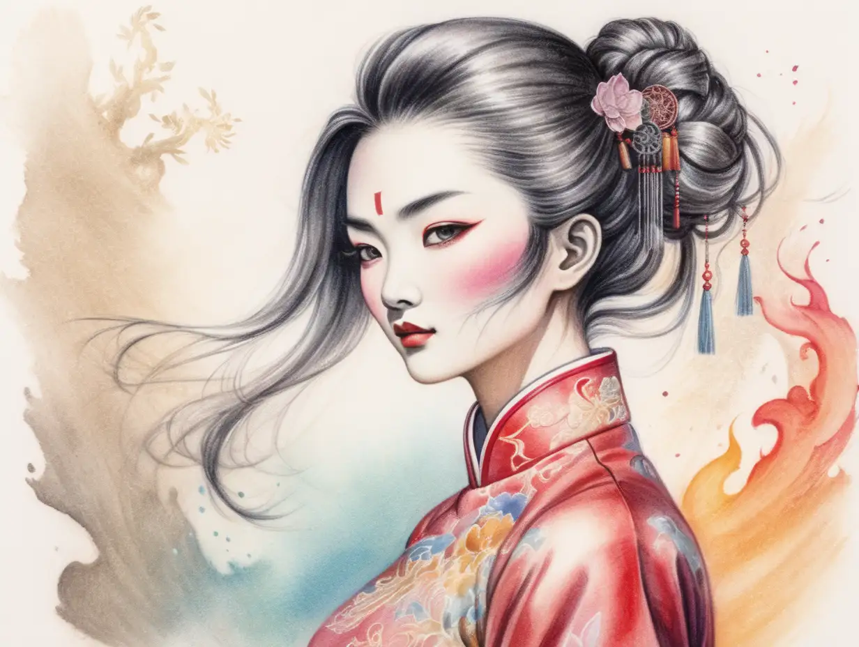 a female Magus wearing a cheongsam, colour pencil, vintage aquarelle, collage effects, dabbed brushstrokes, dark outlines, white background, strong visual flow. 