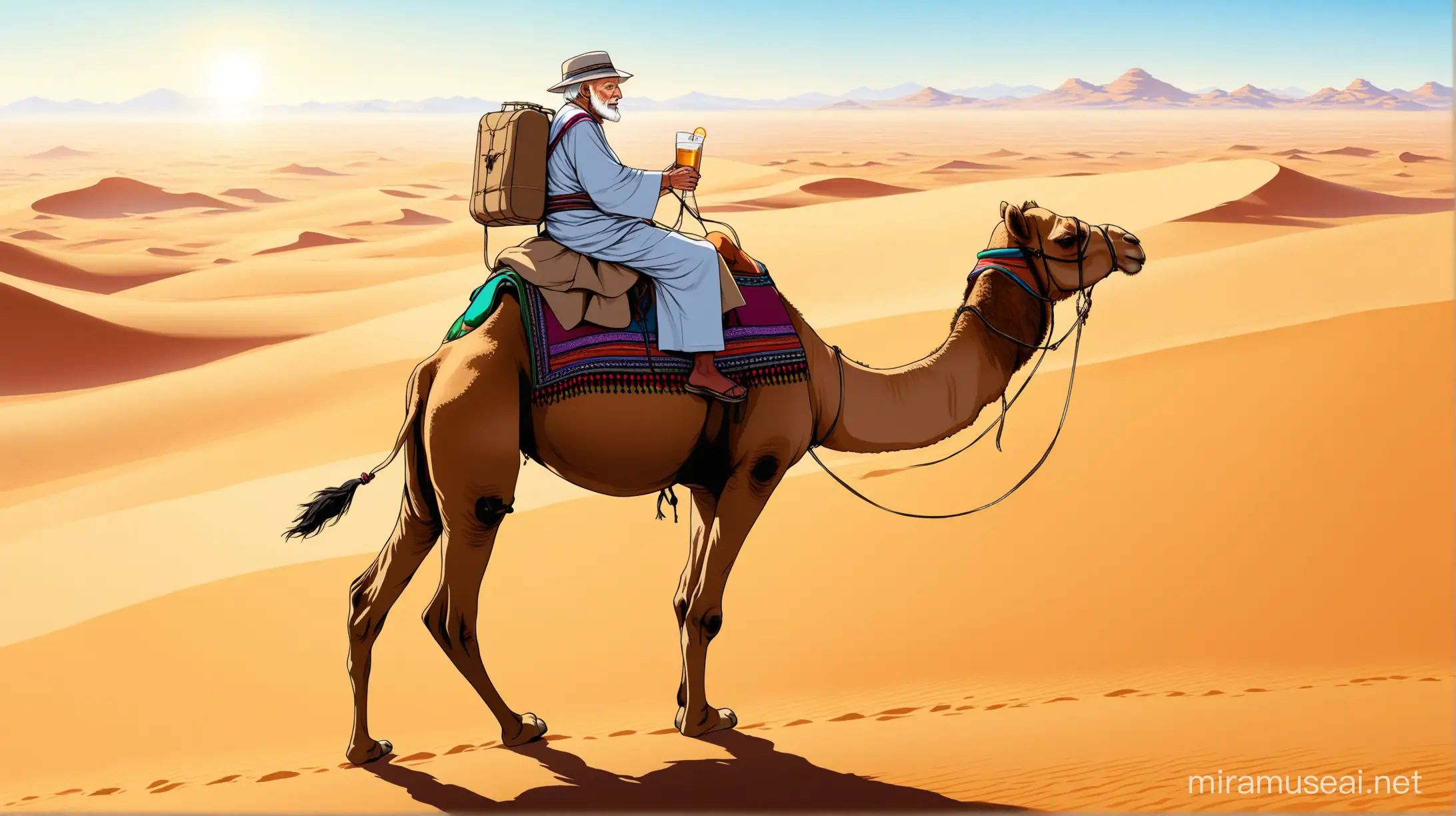 Thirsty Old Man Riding Camel in Desert Landscape