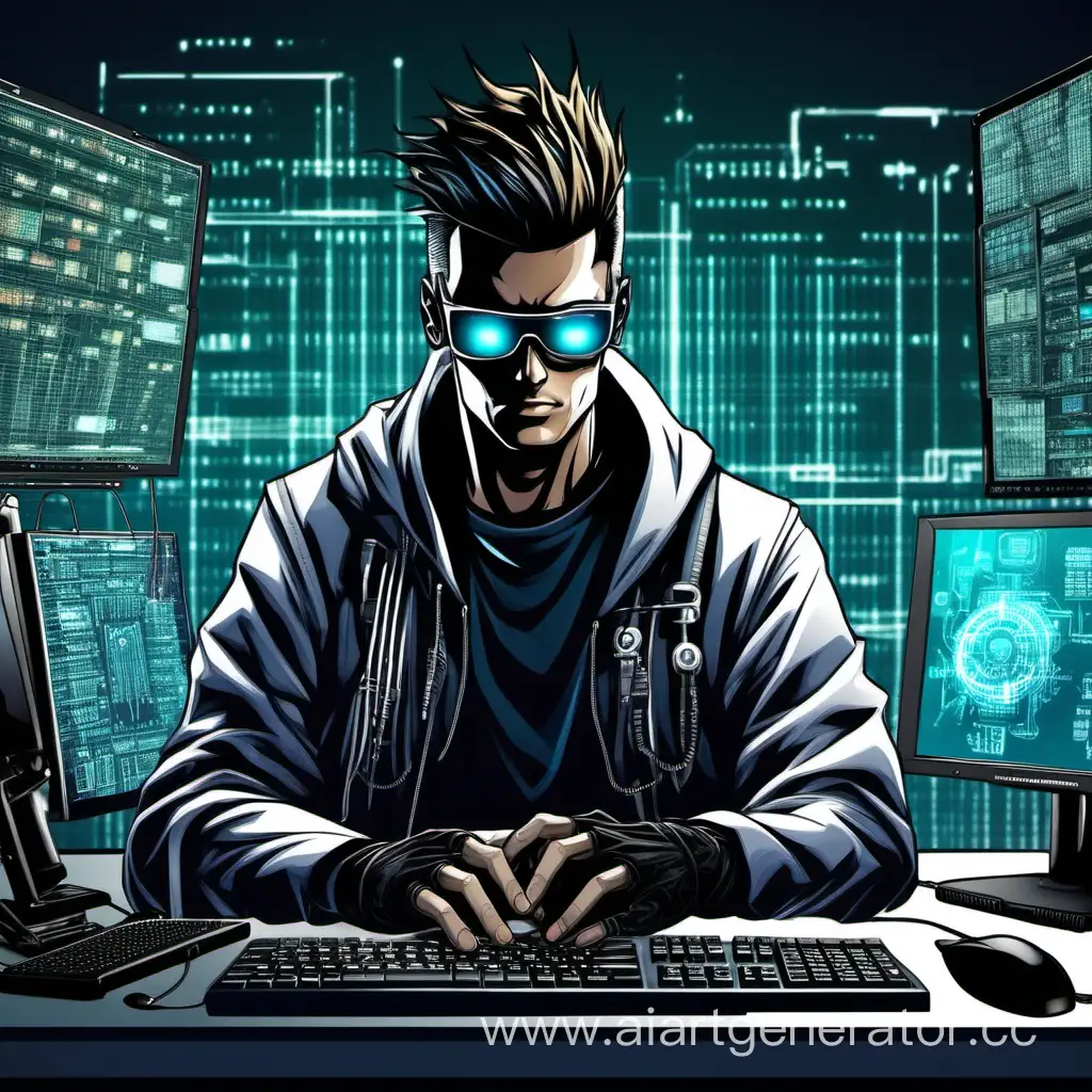 самый крутой хакер вокруг него куча оборудования он знает все и всех может взломать любую систему у него самые продвинутые технологии