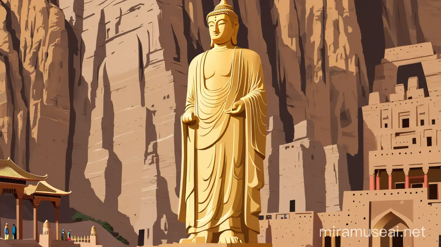 Mixed style of flat vector art and travel poster: recreation of ancient city Bamiyan with golden Buddha statue (standing posture) graved in cliffs and ancient oriental market.