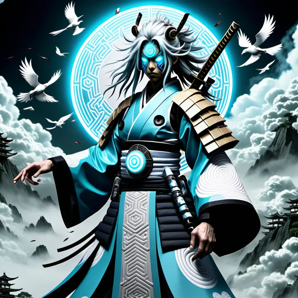 high definition simulation of a video game world boss character creation screen with cyberpunk Samurai ninja, Bird with Headband geo wind with armor and sharingan eyeballs With glowing elemental wind fists wearing a beautiful wind kimono with white black and white lightblue sacred geometry and armored cloud themed shoulder guards with large spikey white swirling cloud hair With glowing magic fists wearing a beautiful flowing wind kimono with whites ivory japense clouds black and grey pastel blue sacred geometry and armored shoulder guards