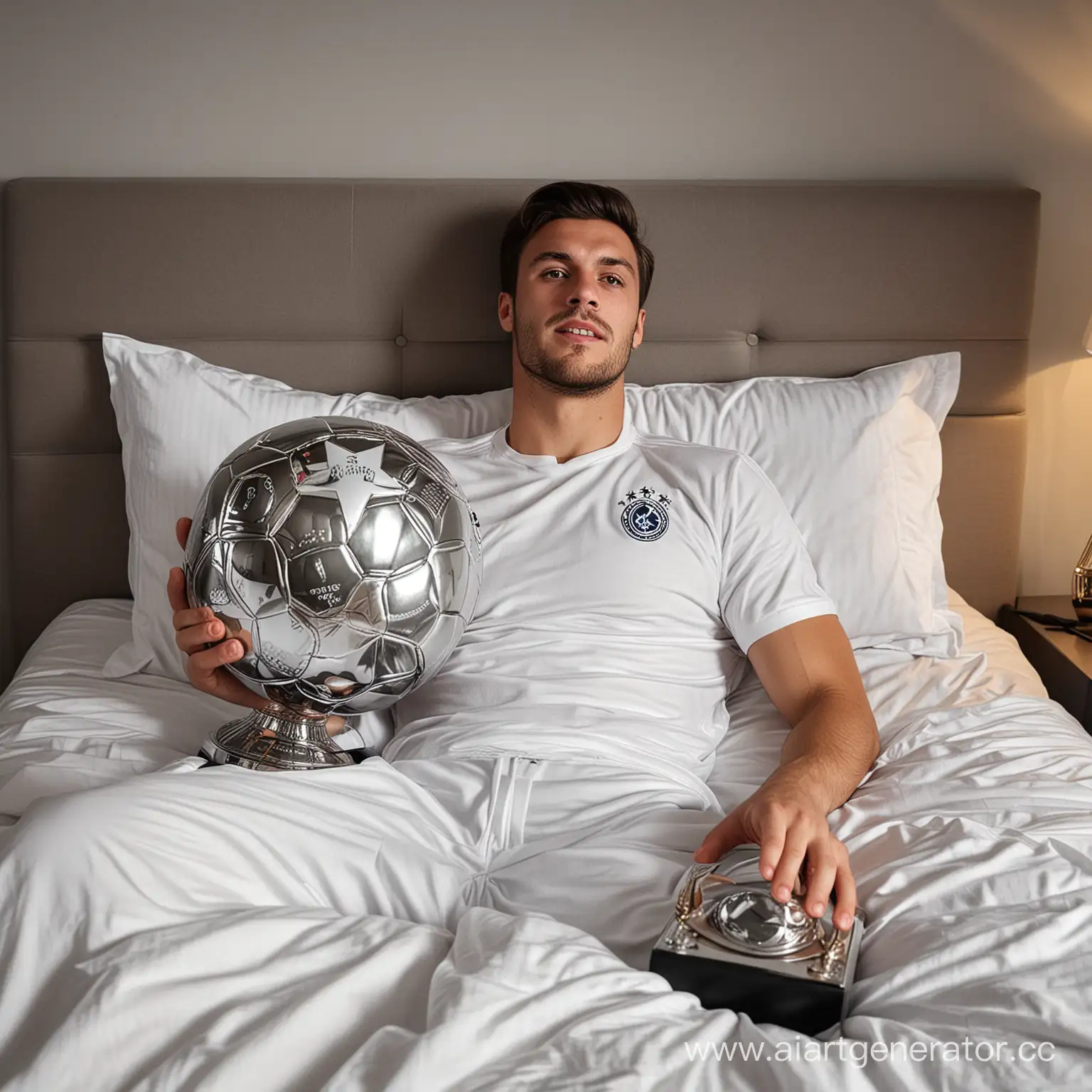 Football-Player-Embracing-UEFA-Champions-League-Trophy-in-Bed