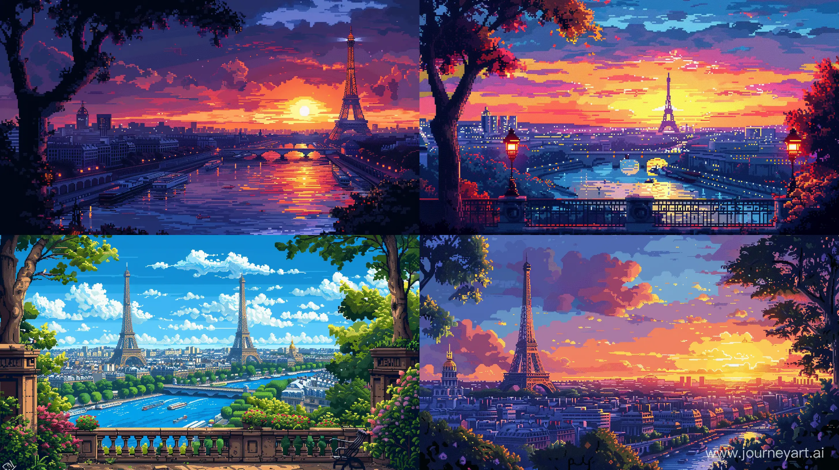 Paris City View Illustration in 8-bit Pixel Art Style, Day Time, Retro Color Details, Extremely Details --s 500 --ar 16:9