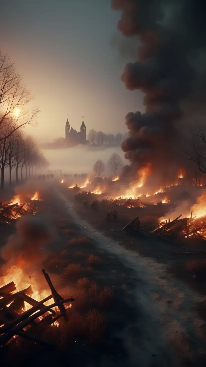 Campo de batalla en llamas,siglo XV,niebla, imagen ultra realista,alta definición, iluminación cinemática,8k