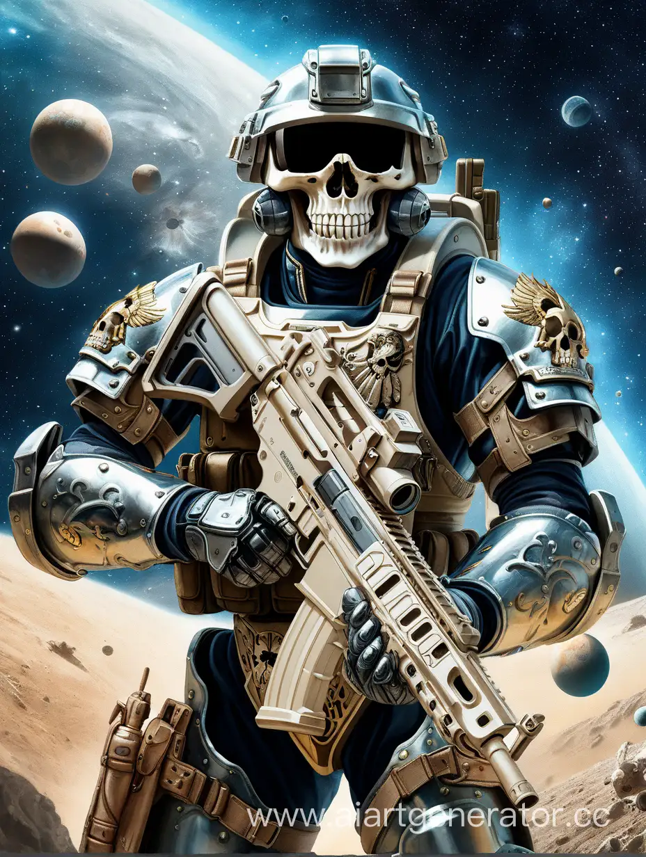Солдат в ярких латных доспехах,держит автомат в руках, на шлеме знак череп, на фоне космос